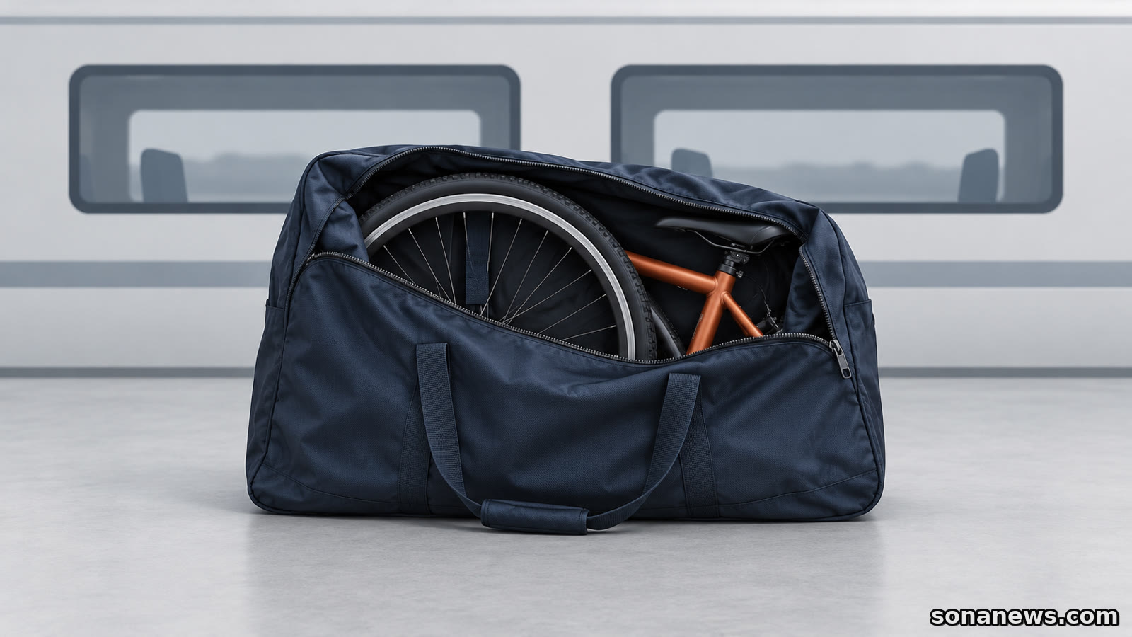 Housse de transport ouverte laissant voir une roue et un cadre de vélo orange, devant une évocation de train.