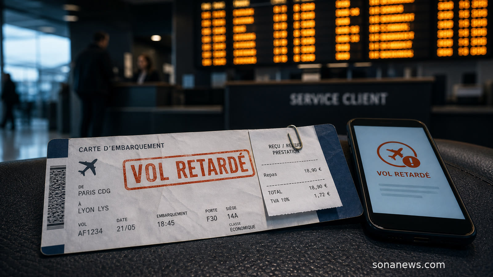Carte d’embarquement marquée vol retardé, reçu de repas et téléphone affichant une notification de retard devant un panneau d’aéroport flou.