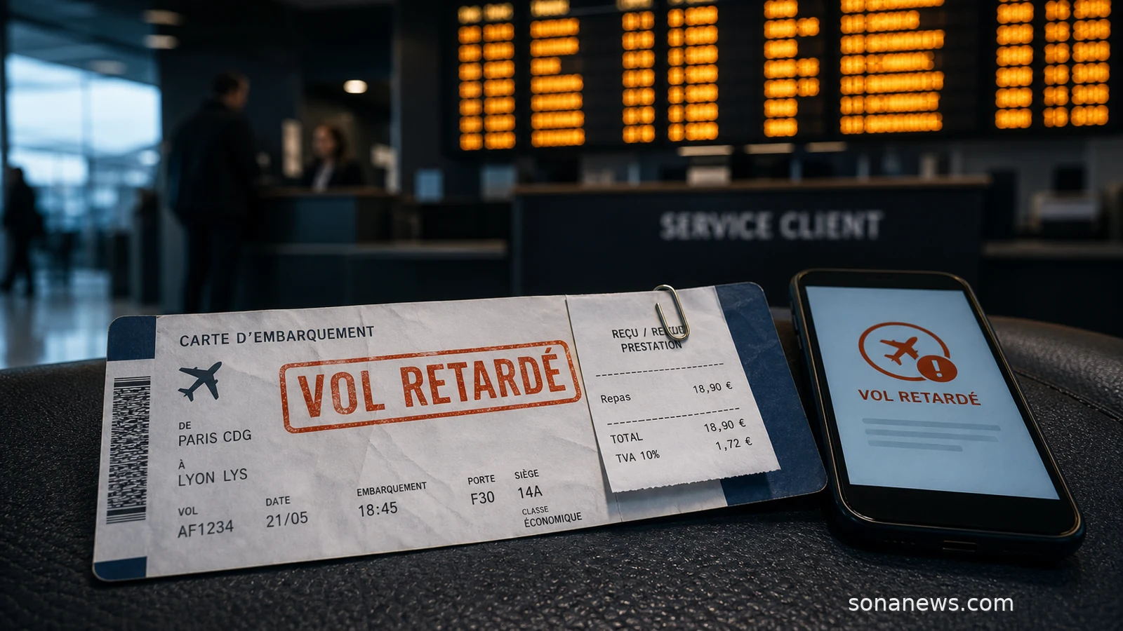 Carte d’embarquement marquée vol retardé, reçu de repas et téléphone affichant une notification de retard devant un panneau d’aéroport flou.