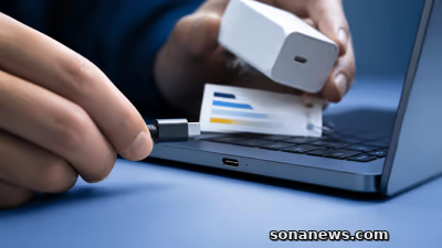 मेज़ पर खुला USB-C लैपटॉप, अलग चार्जर और केबल रखे हैं; खरीदार पावर लेबल को ध्यान से देख रहा है।