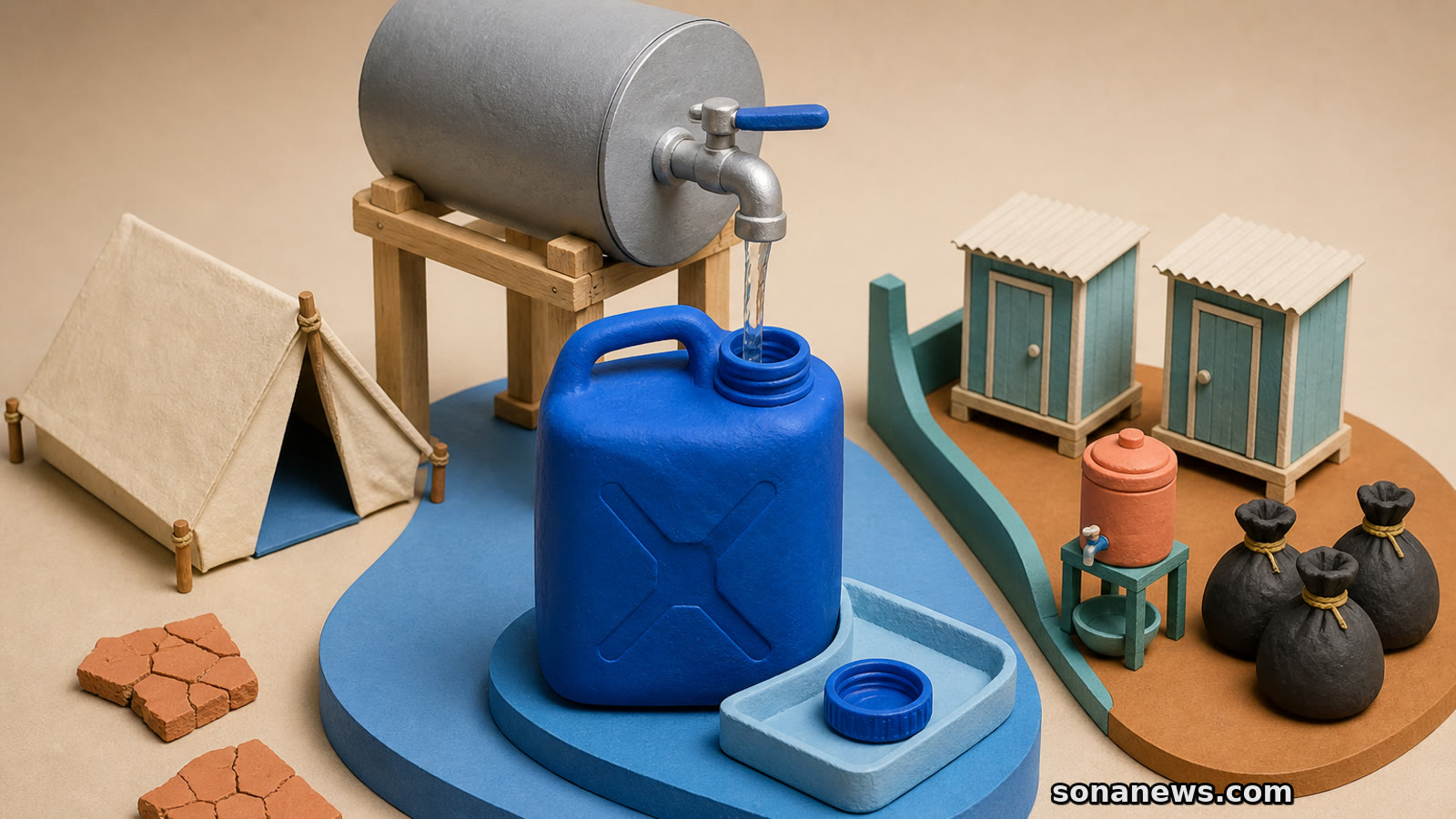 Diorama jeriken biru diisi dari tangki pada pulau bersih yang dipisahkan sekat dari toilet, tempat cuci tangan, dan kantong sampah