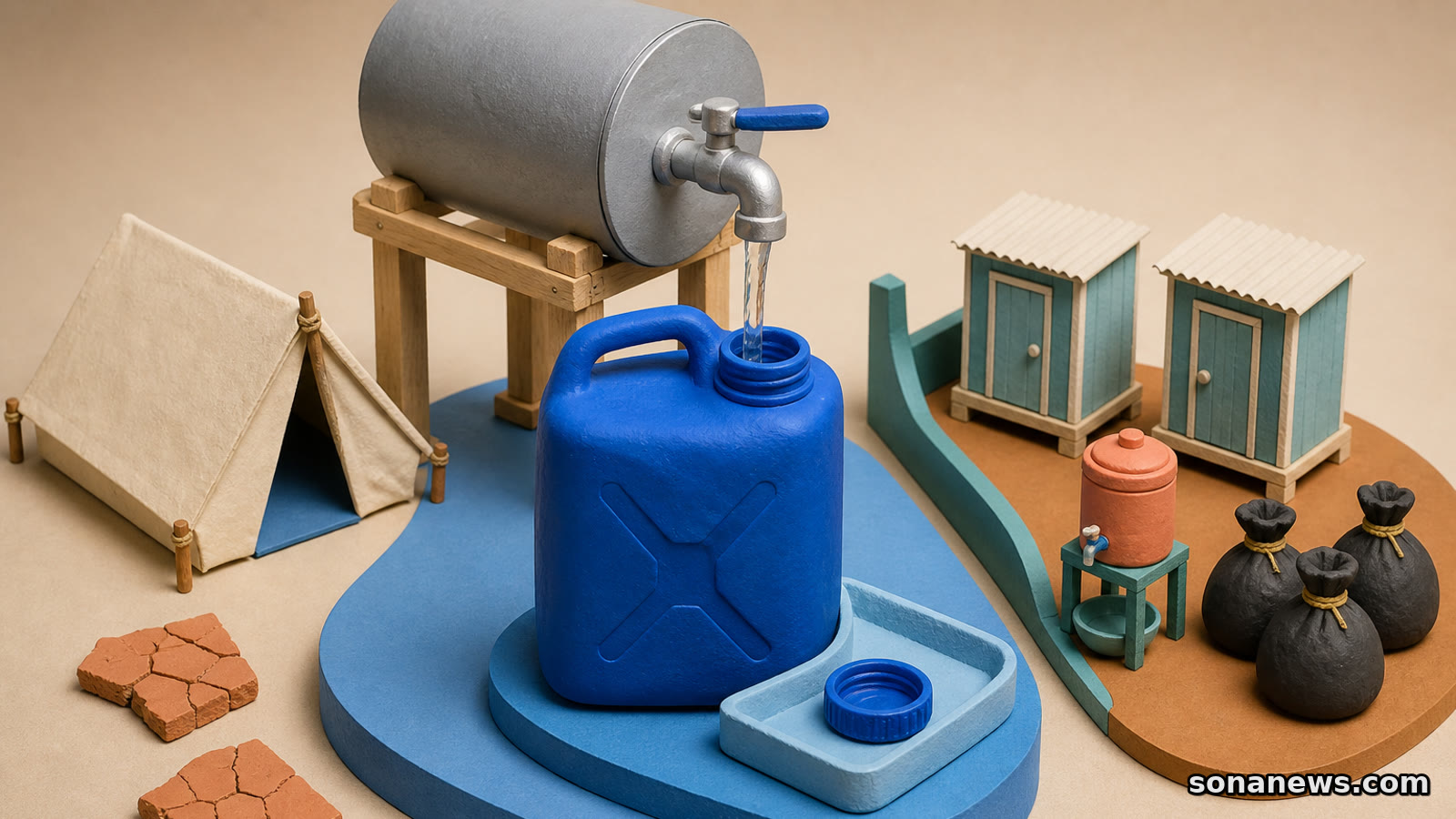 Diorama jeriken biru diisi dari tangki pada pulau bersih yang dipisahkan sekat dari toilet, tempat cuci tangan, dan kantong sampah
