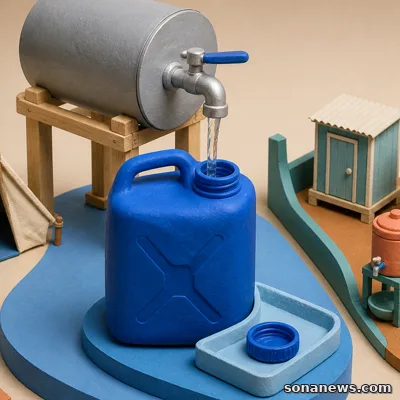 Diorama jeriken biru diisi dari tangki pada pulau bersih yang dipisahkan sekat dari toilet, tempat cuci tangan, dan kantong sampah