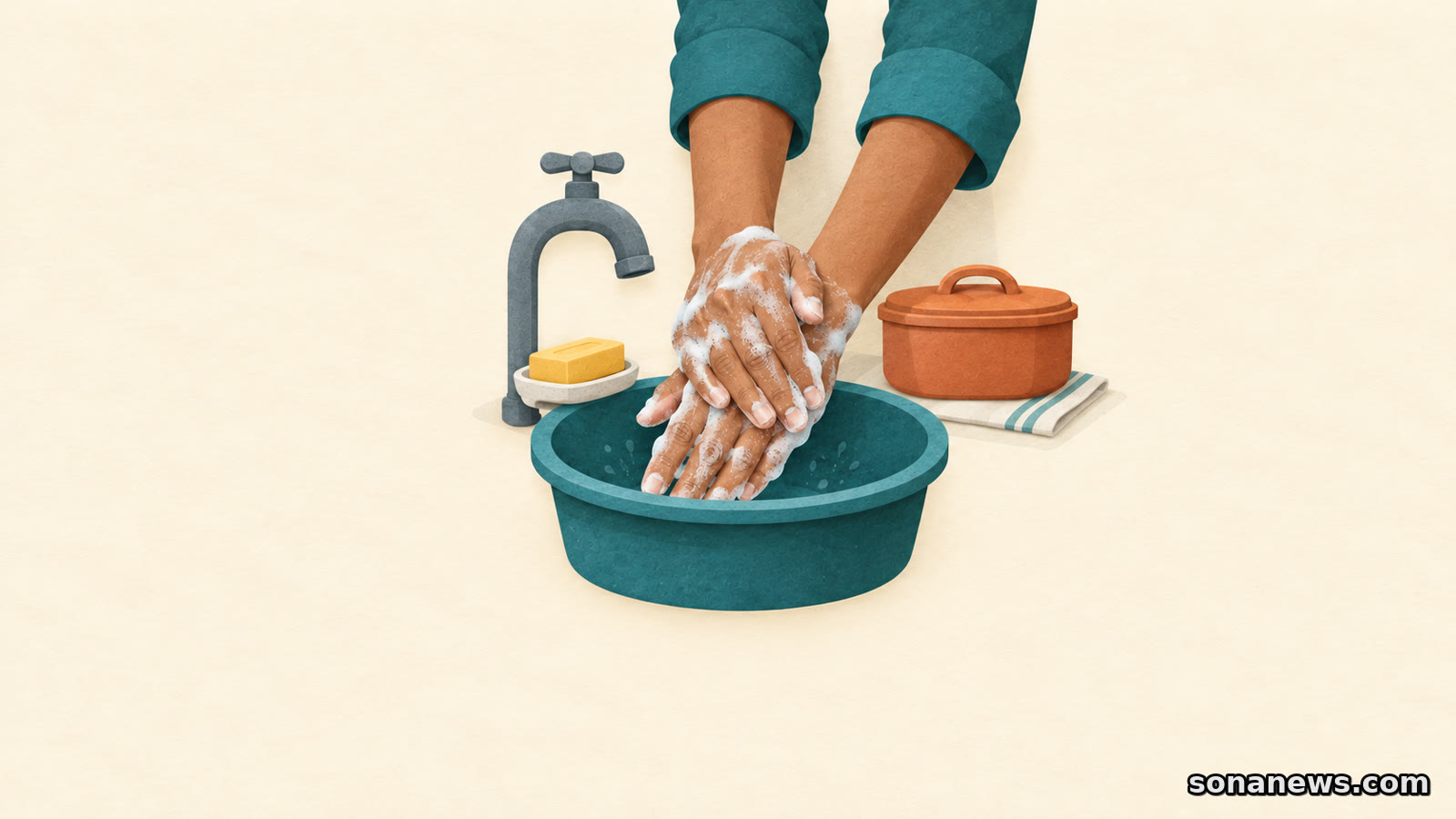 Ilustrasi tangan bersabun di atas wastafel, dengan keran, sabun batang, dan bekal sebagai pengingat cuci tangan sebelum makan