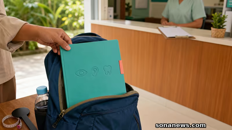 Tangan mengangkat map hasil skrining tertutup dengan ikon mata, telinga, dan gigi dari tas sekolah menuju meja layanan kesehatan