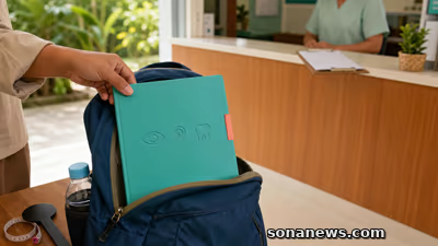 Tangan mengangkat map hasil skrining tertutup dengan ikon mata, telinga, dan gigi dari tas sekolah menuju meja layanan kesehatan