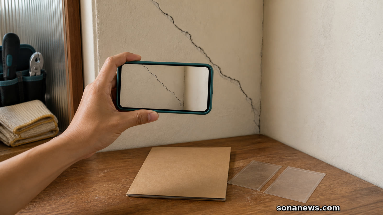 Tangan memotret retak pada sudut dinding dengan ponsel, sementara map kosong dan kantong peralatan tetap berada di meja