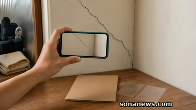 Tangan memotret retak pada sudut dinding dengan ponsel, sementara map kosong dan kantong peralatan tetap berada di meja
