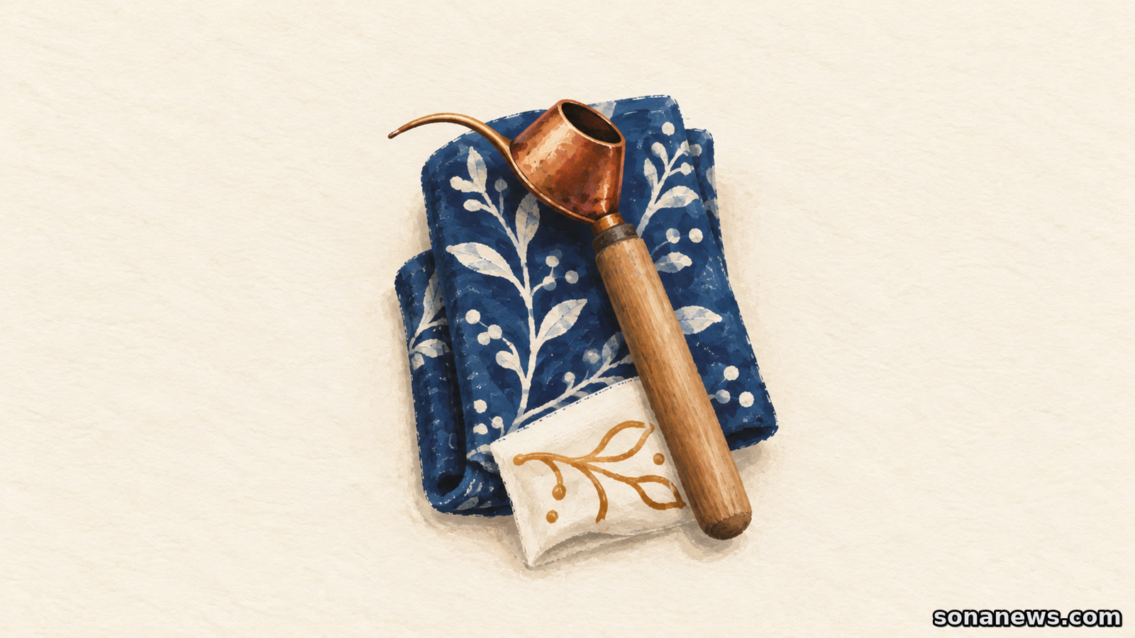 Ilustrasi canting tembaga dengan gagang kayu di atas kain bermotif biru, menyoroti proses malam dalam pembuatan batik Indonesia