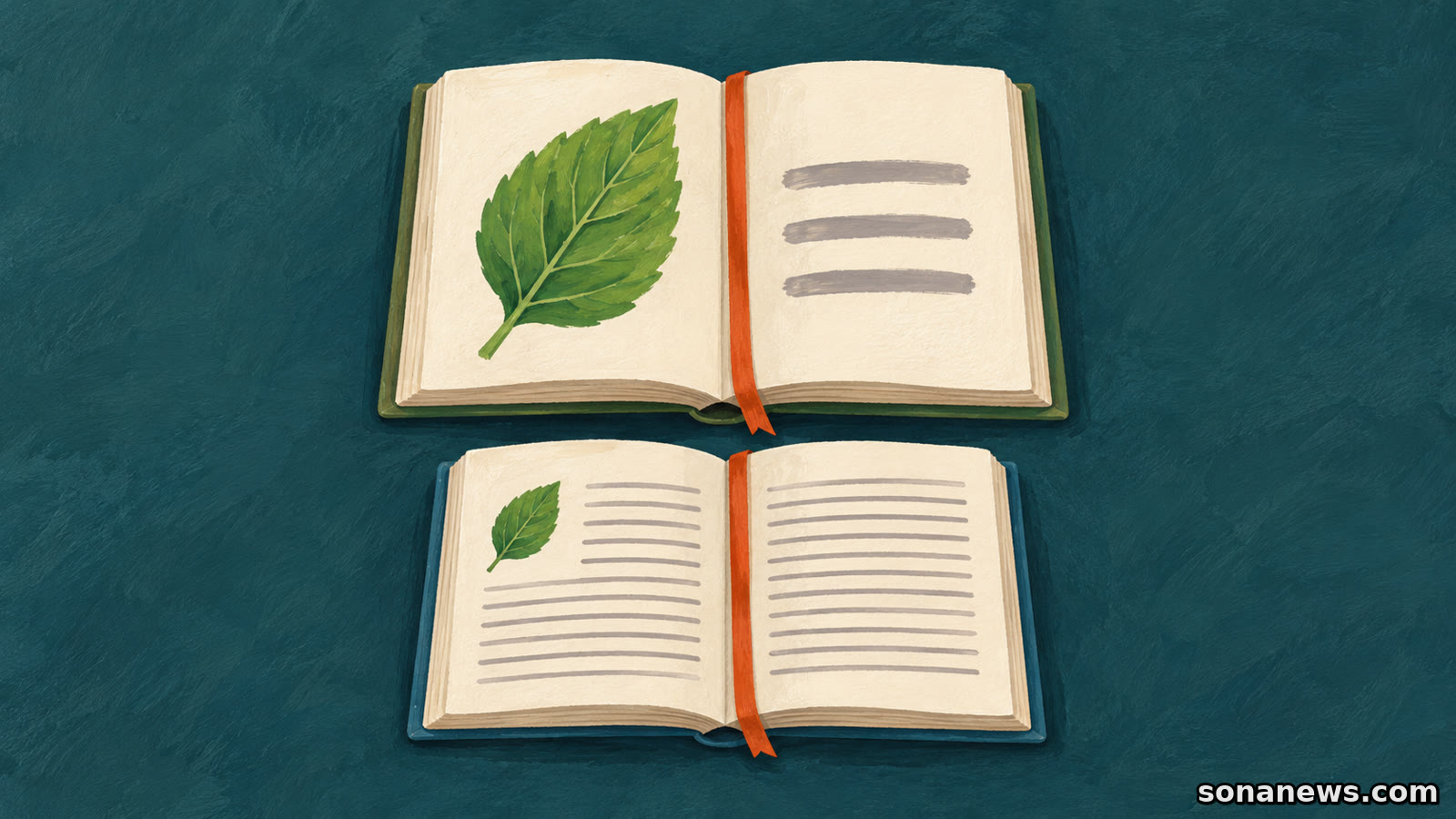 Ilustrasi dua buku anak terbuka dengan tema daun yang sama, satu bergambar besar dan satu dengan susunan teks lebih rapat