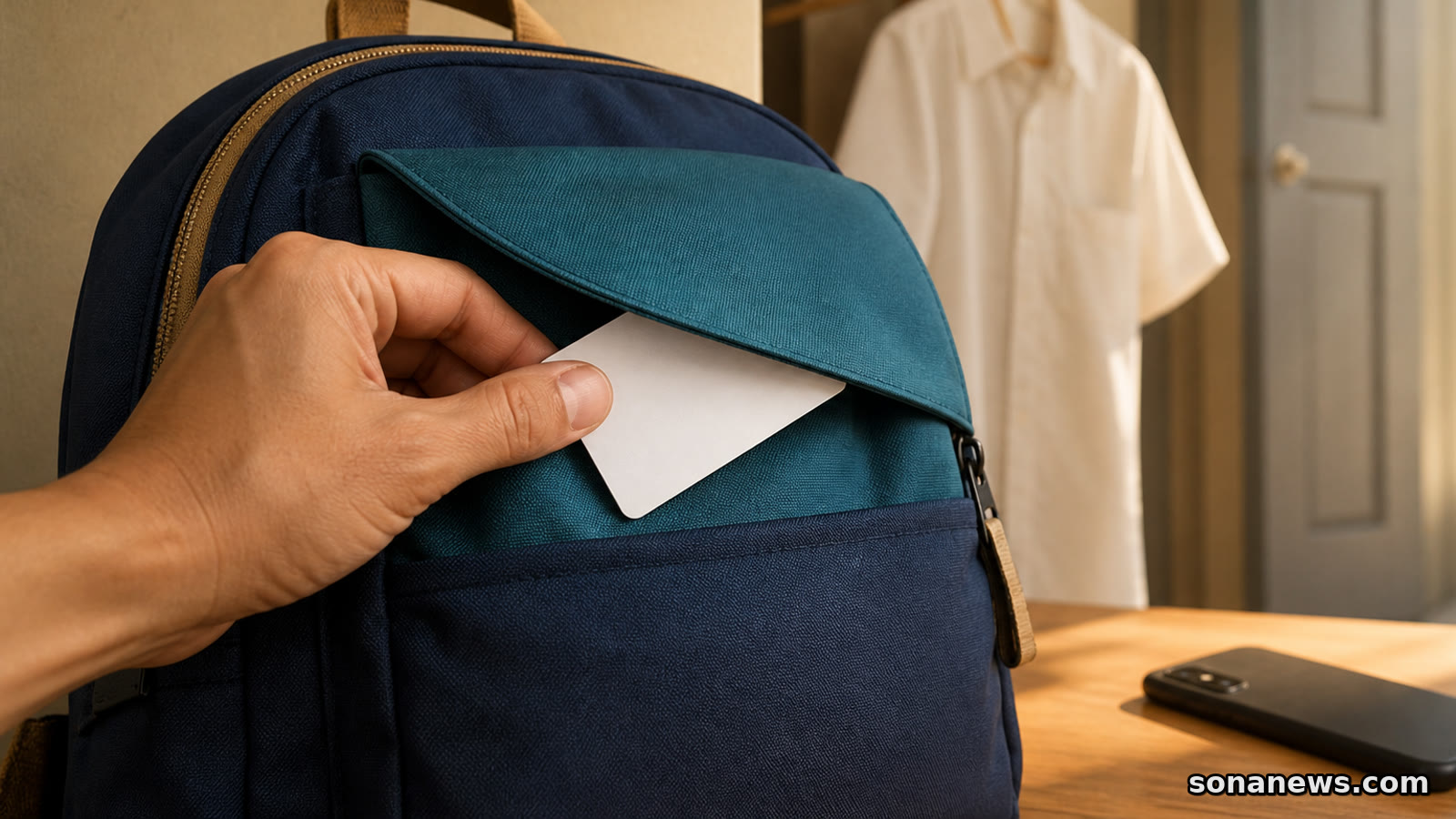 Tangan dewasa mengeluarkan kartu identitas kosong dari balik penutup tas sekolah, dengan kemeja tanpa logo dan ponsel telungkup di meja