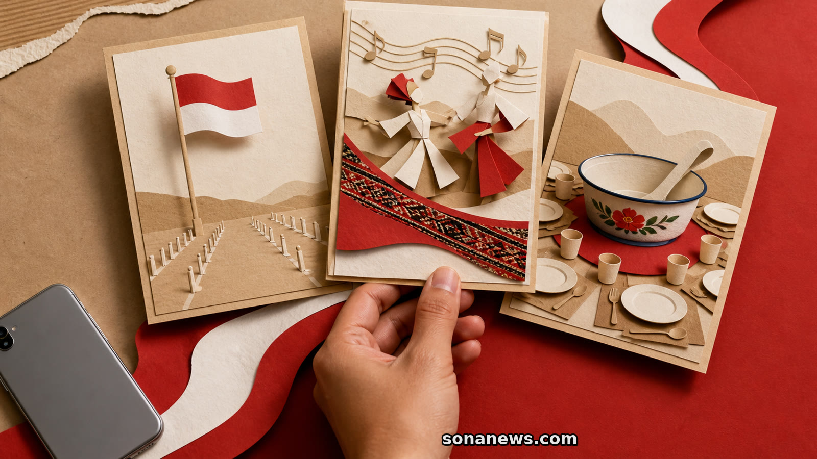 Tangan menyusun tiga kartu seni kertas bergambar bendera merah putih, penari dan nada musik, serta mangkuk jamuan, dengan ponsel telungkup di samping