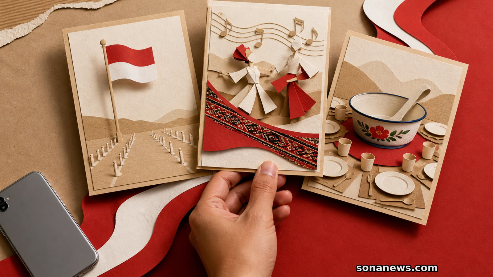 Tangan menyusun tiga kartu seni kertas bergambar bendera merah putih, penari dan nada musik, serta mangkuk jamuan, dengan ponsel telungkup di samping