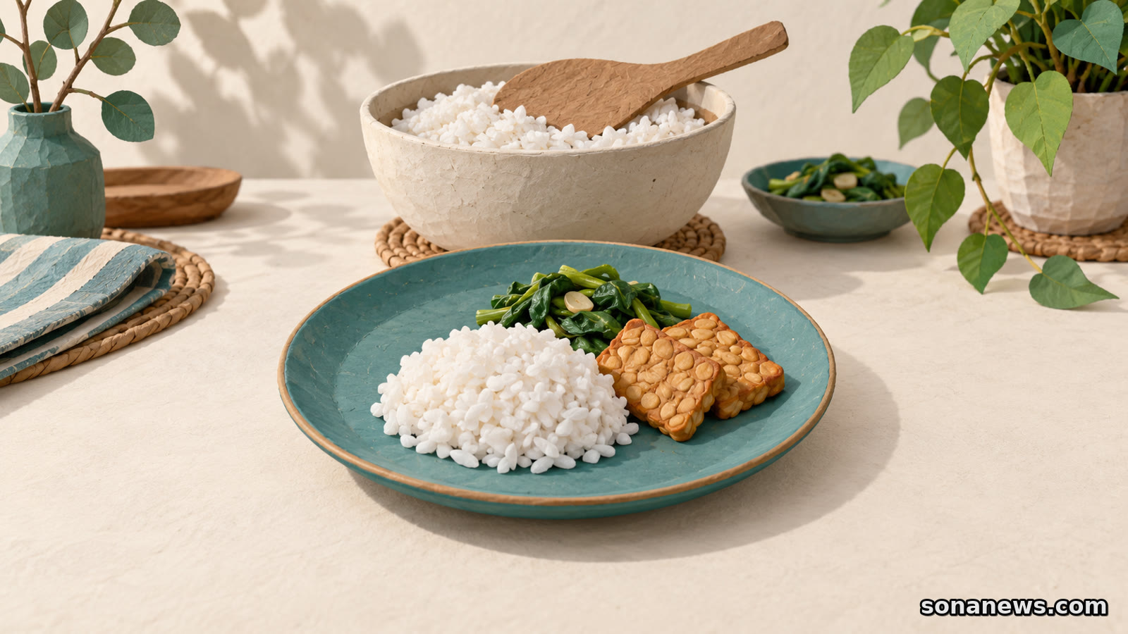 Ilustrasi piring berisi nasi secukupnya, tempe dan sayur, dengan wadah nasi serta centong untuk menambah porsi saat makan bersama