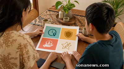 Orang tua dan anak duduk berdampingan menyusun lembar kosong empat bidang dengan ikon waktu, privasi, bantuan, dan kegiatan positif; dua gawai diletakkan menghadap ke bawah