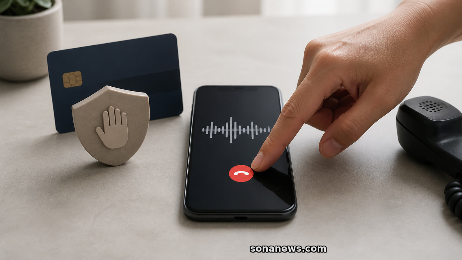 Tangan mengakhiri panggilan pada ponsel di antara kartu pembayaran yang ditahan dan telepon kedua untuk verifikasi mandiri.