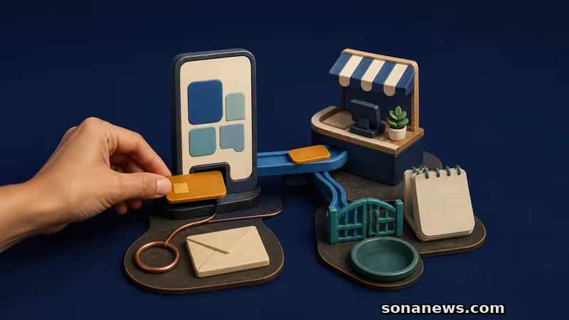 Ilustrasi diorama tangan memasukkan token kredit ke konsol pembayaran yang terhubung ke kasir merchant, dengan amplop tagihan terpisah dan jalur biaya merchant tertutup