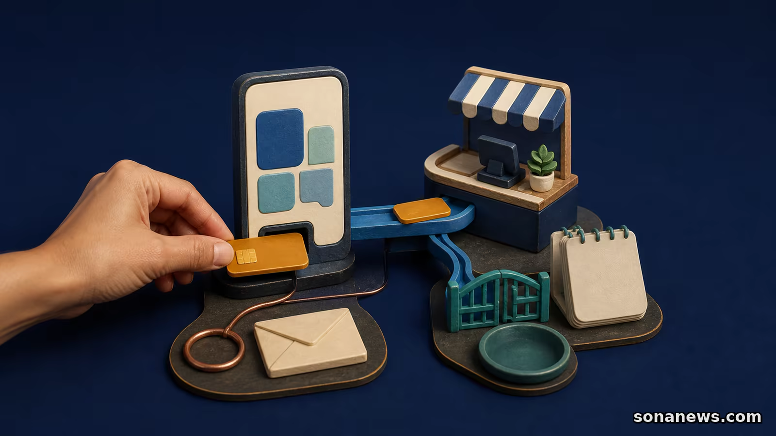 Ilustrasi diorama tangan memasukkan token kredit ke konsol pembayaran yang terhubung ke kasir merchant, dengan amplop tagihan terpisah dan jalur biaya merchant tertutup