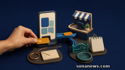 Ilustrasi diorama tangan memasukkan token kredit ke konsol pembayaran yang terhubung ke kasir merchant, dengan amplop tagihan terpisah dan jalur biaya merchant tertutup