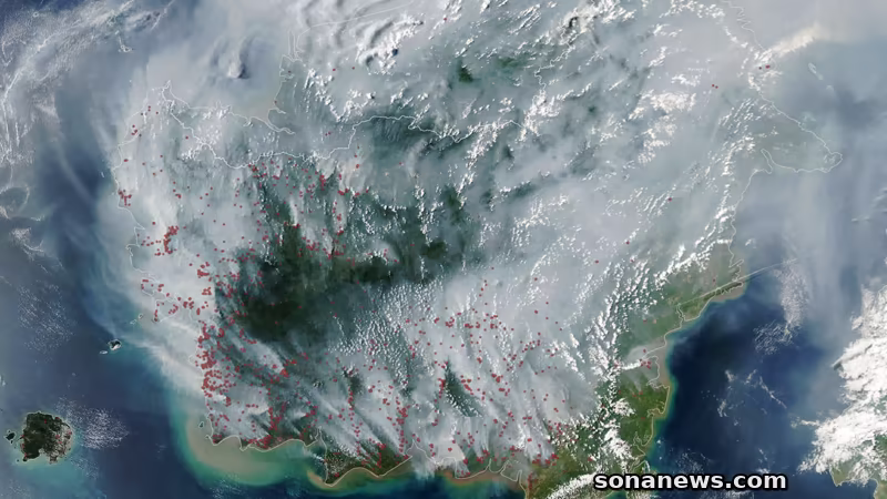 Citra satelit NASA memperlihatkan Kalimantan tertutup asap dengan banyak titik merah deteksi termal terutama di bagian selatan.