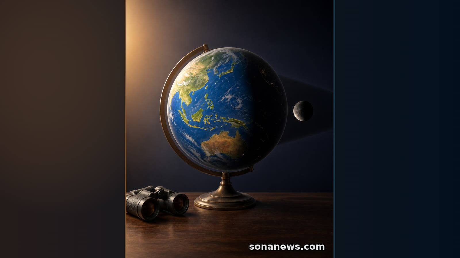 Model globe menampilkan Indonesia di sisi Bumi yang terang, satu Bulan sebagian gelap di sisi malam berlawanan, dan teropong yang tidak digunakan di bawahnya