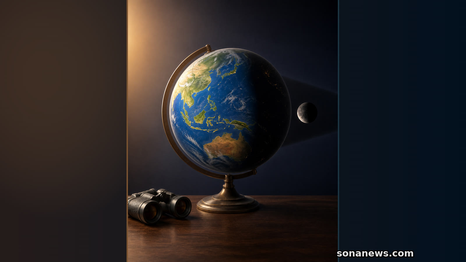 Model globe menampilkan Indonesia di sisi Bumi yang terang, satu Bulan sebagian gelap di sisi malam berlawanan, dan teropong yang tidak digunakan di bawahnya