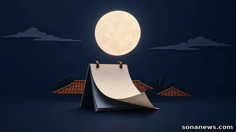 Ilustrasi Bulan purnama di atas kalender kosong dengan lembar terangkat, atap genteng, dan awan untuk menjelaskan pergantian tanggal Harvest Moon.