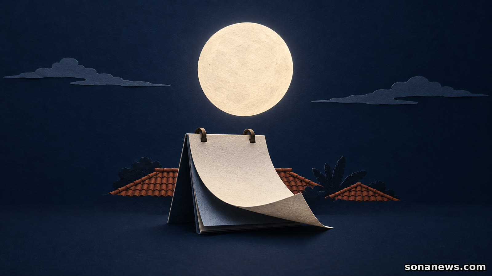 Ilustrasi Bulan purnama di atas kalender kosong dengan lembar terangkat, atap genteng, dan awan untuk menjelaskan pergantian tanggal Harvest Moon.