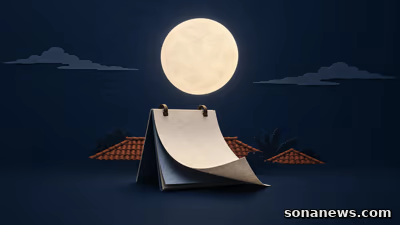 Ilustrasi Bulan purnama di atas kalender kosong dengan lembar terangkat, atap genteng, dan awan untuk menjelaskan pergantian tanggal Harvest Moon.