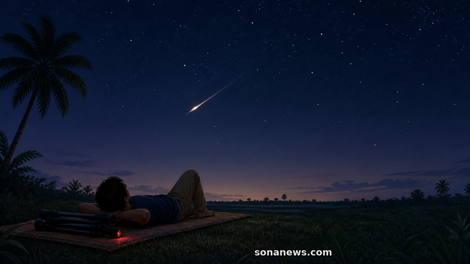 Pengamat berbaring di tikar di bawah satu meteor, dengan cakrawala tropis rendah, teleskop terlipat, dan senter merah.