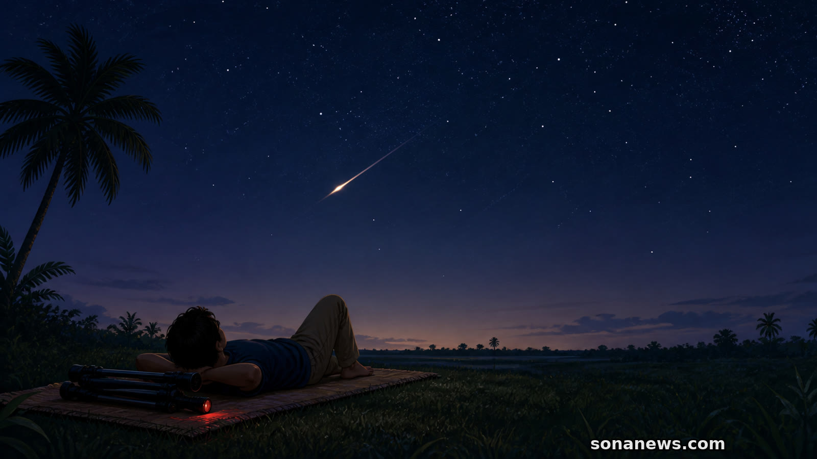 Pengamat berbaring di tikar di bawah satu meteor, dengan cakrawala tropis rendah, teleskop terlipat, dan senter merah.