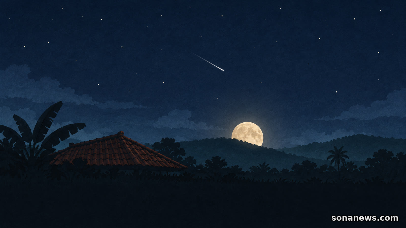 Ilustrasi Orionid dengan satu jejak meteor di atas Bulan yang turun dekat cakrawala dan siluet atap genteng tropis.