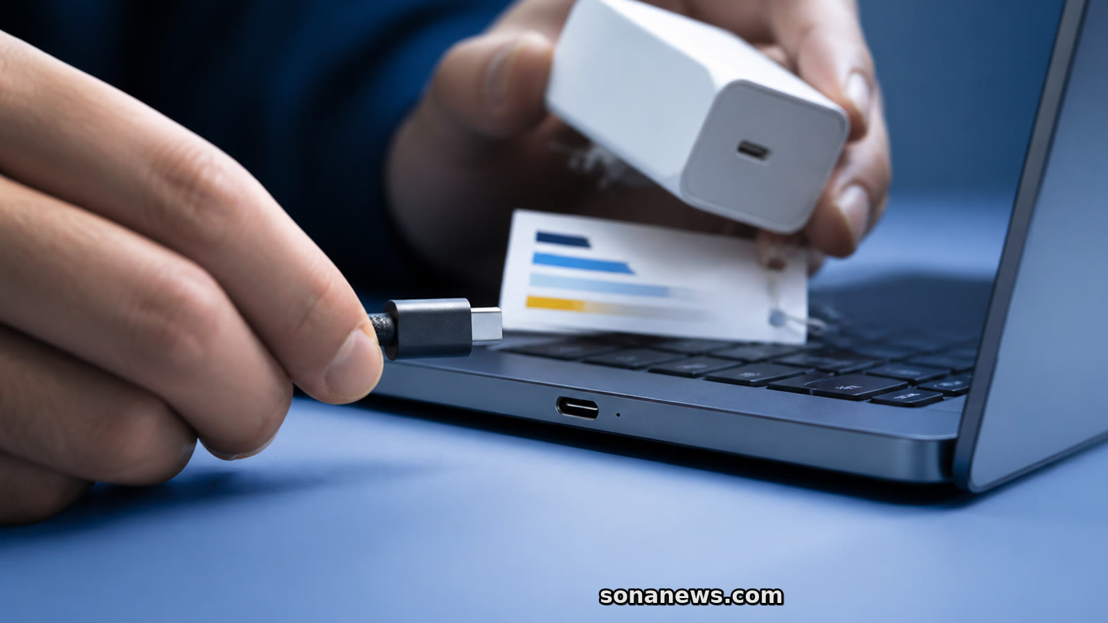 Konektor USB-C diarahkan ke port laptop sementara adaptor terpisah dipegang di atasnya untuk menekankan pemeriksaan daya.