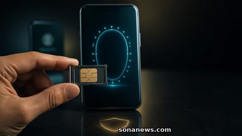 Tangan memegang kartu SIM di depan ponsel dengan bingkai verifikasi wajah abstrak tanpa identitas atau data pribadi