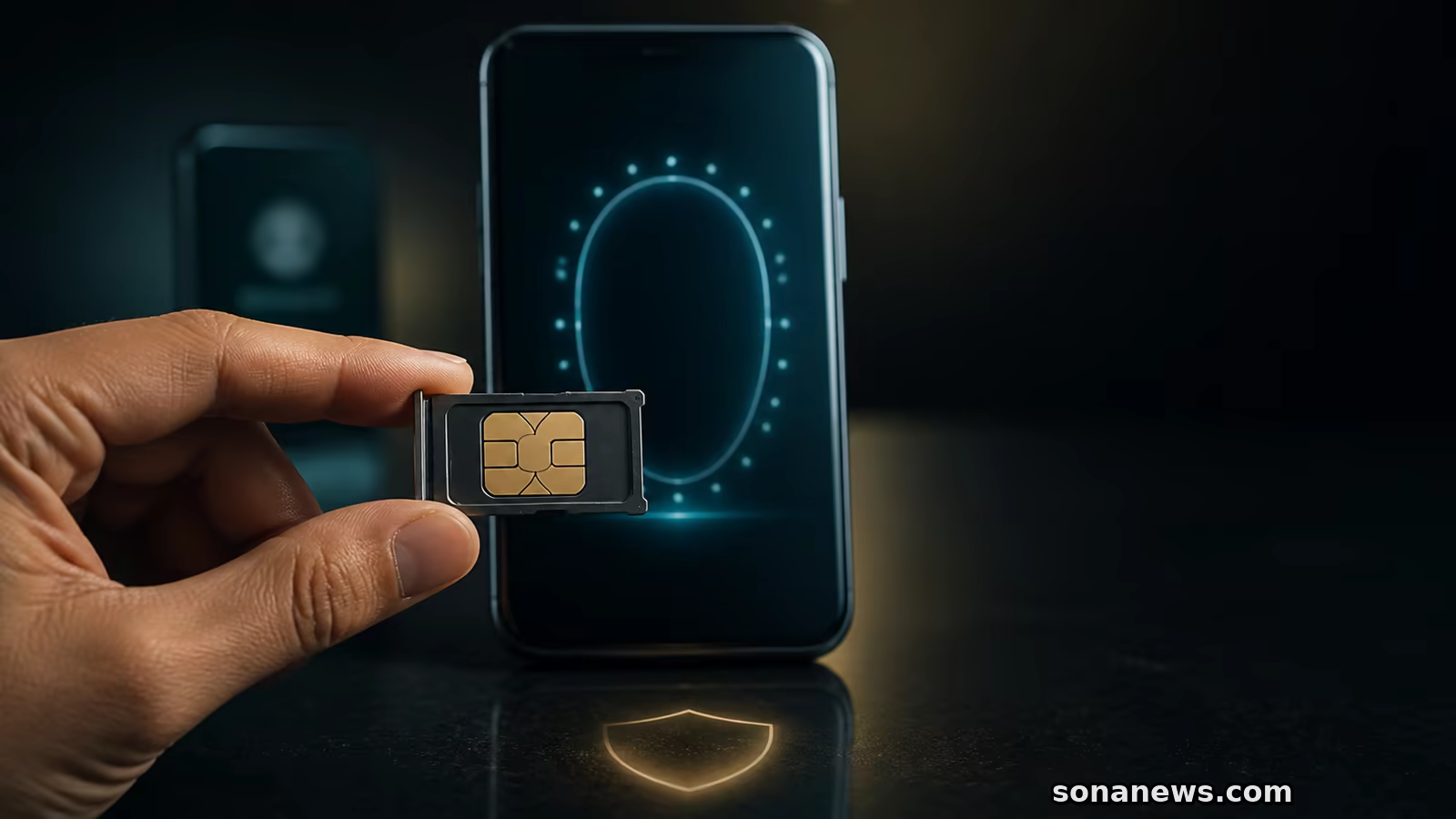 Tangan memegang kartu SIM di depan ponsel dengan bingkai verifikasi wajah abstrak tanpa identitas atau data pribadi