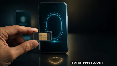 Tangan memegang kartu SIM di depan ponsel dengan bingkai verifikasi wajah abstrak tanpa identitas atau data pribadi
