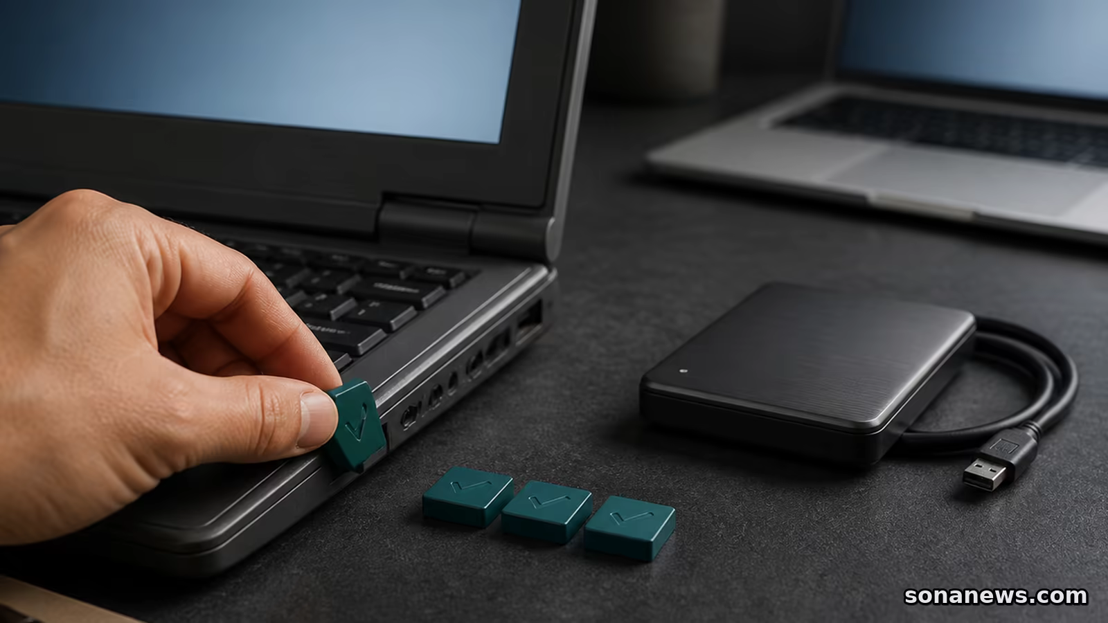 Tangan memasang modul patch terbatas pada laptop lama di samping drive cadangan dan laptop pengganti