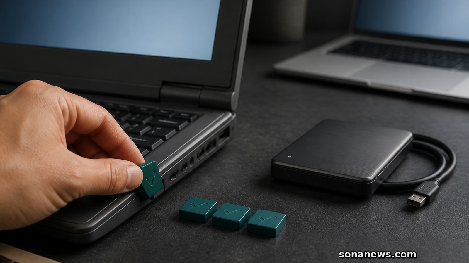 Tangan memasang modul patch terbatas pada laptop lama di samping drive cadangan dan laptop pengganti