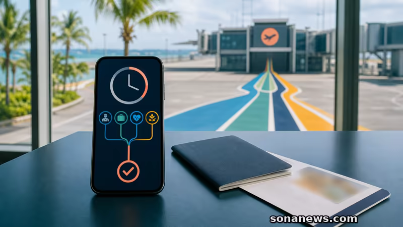 Ponsel dengan simbol waktu dan empat jalur informasi yang menyatu, di samping paspor tertutup dan gerbang bandara konseptual tanpa data pribadi