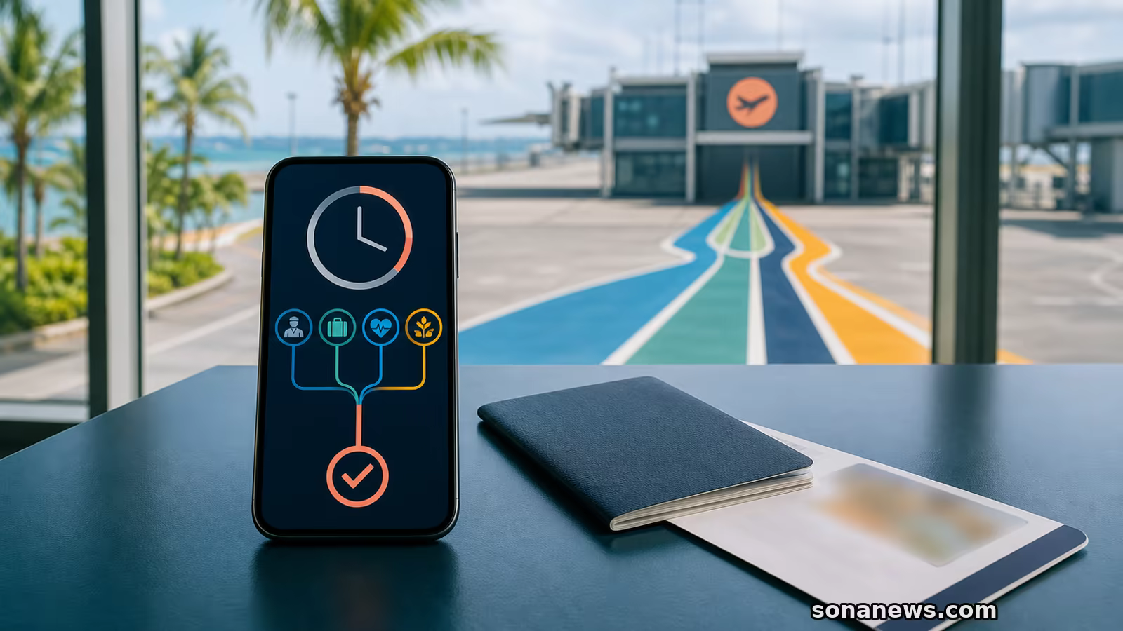 Ponsel dengan simbol waktu dan empat jalur informasi yang menyatu, di samping paspor tertutup dan gerbang bandara konseptual tanpa data pribadi