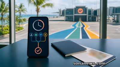 Ponsel dengan simbol waktu dan empat jalur informasi yang menyatu, di samping paspor tertutup dan gerbang bandara konseptual tanpa data pribadi