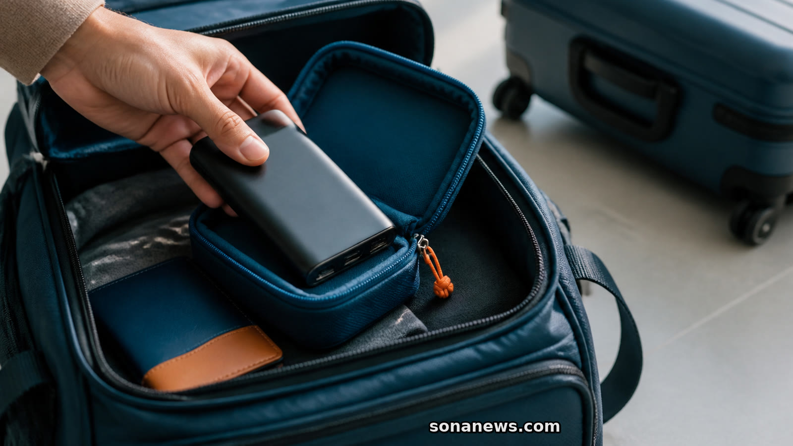 Tangan menaruh power bank tanpa merek ke kotak pelindung di dalam tas kabin, dengan koper bagasi terpisah di belakang.