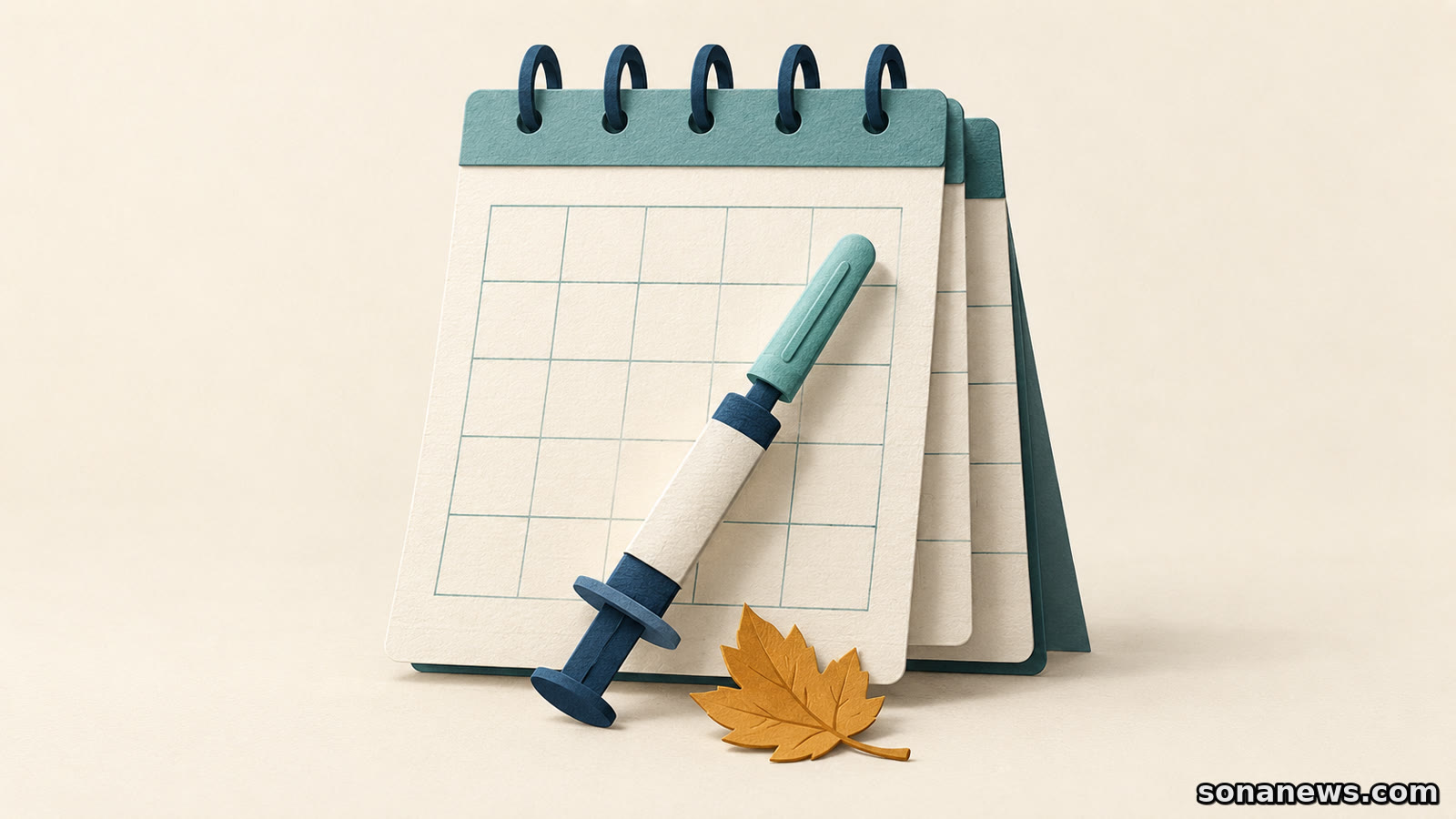 Calendario illustrato con pagine sfalsate, una siringa con cappuccio e una foglia autunnale: la campagna antinfluenzale in Lombardia segue calendari diversi.