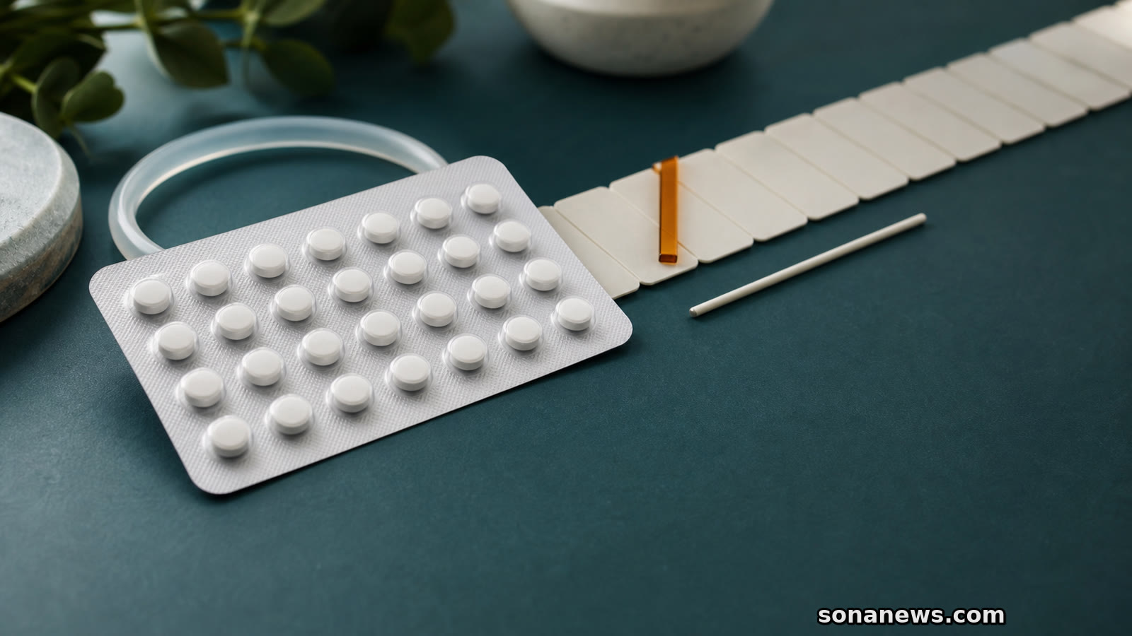Blister contraccettivo, anello e impianto accanto a una sequenza temporale con un sobrio punto di revisione.
