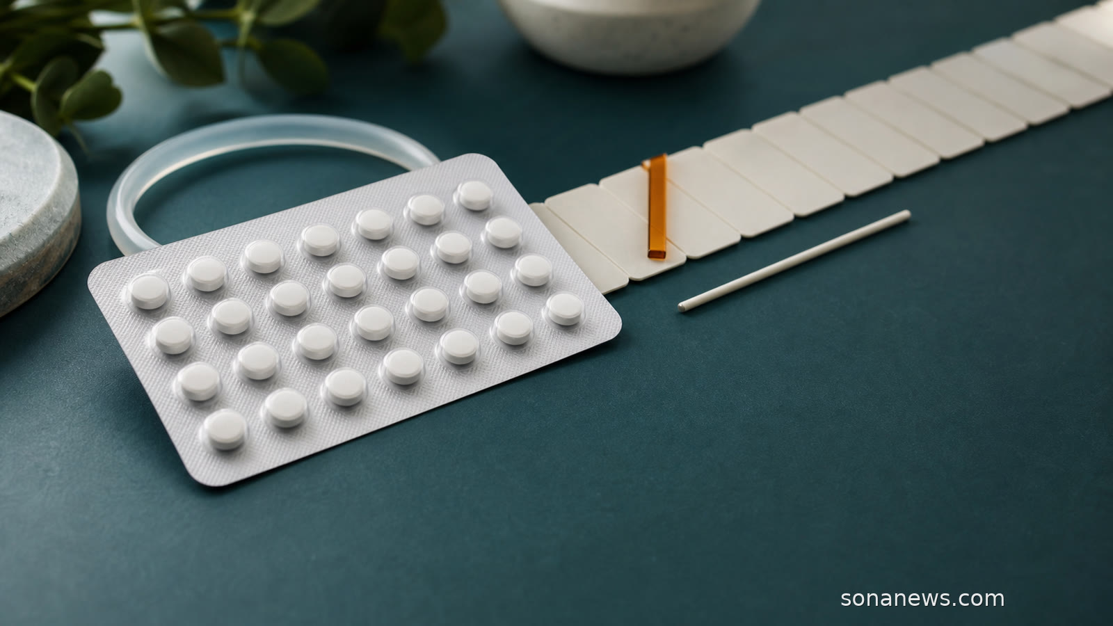 Blister contraccettivo, anello e impianto accanto a una sequenza temporale con un sobrio punto di revisione.