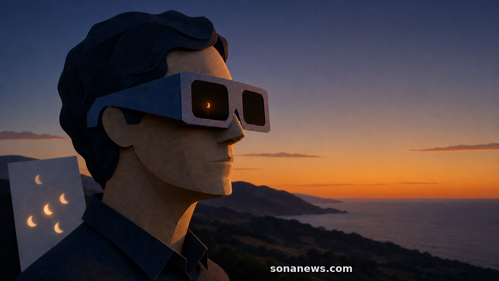 Osservatore con occhiali per eclissi davanti a un orizzonte al tramonto, con il Sole parziale visibile nel filtro.