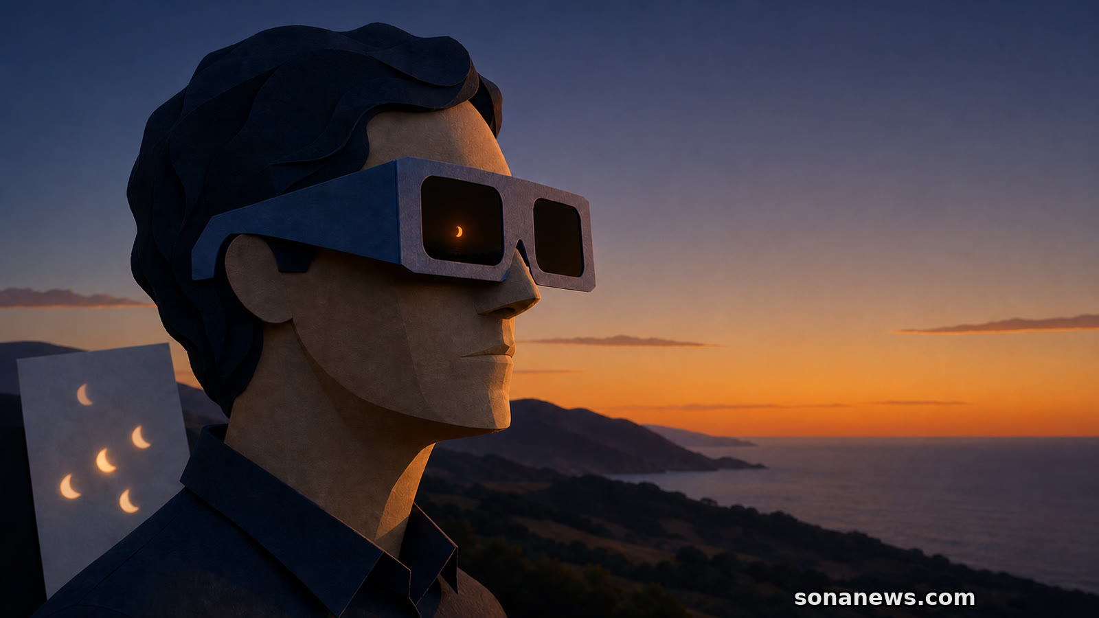 Osservatore con occhiali per eclissi davanti a un orizzonte al tramonto, con il Sole parziale visibile nel filtro.