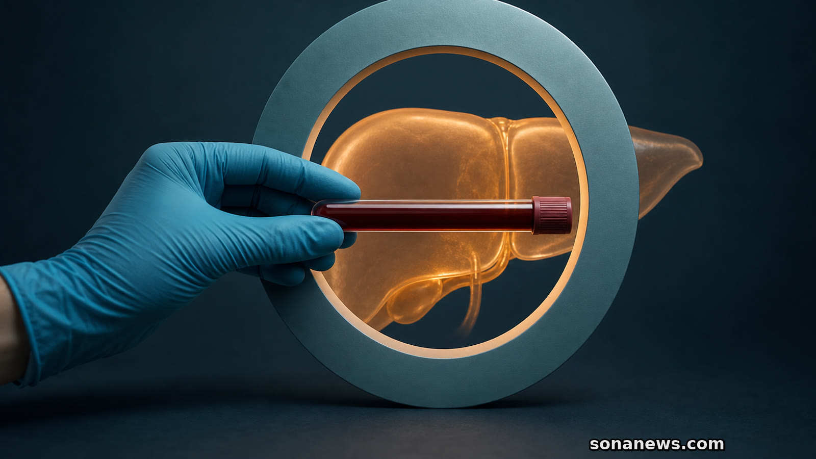 Provetta di sangue attraversa un anello diagnostico davanti a un modello di fegato per illustrare i test delle epatiti B e C.