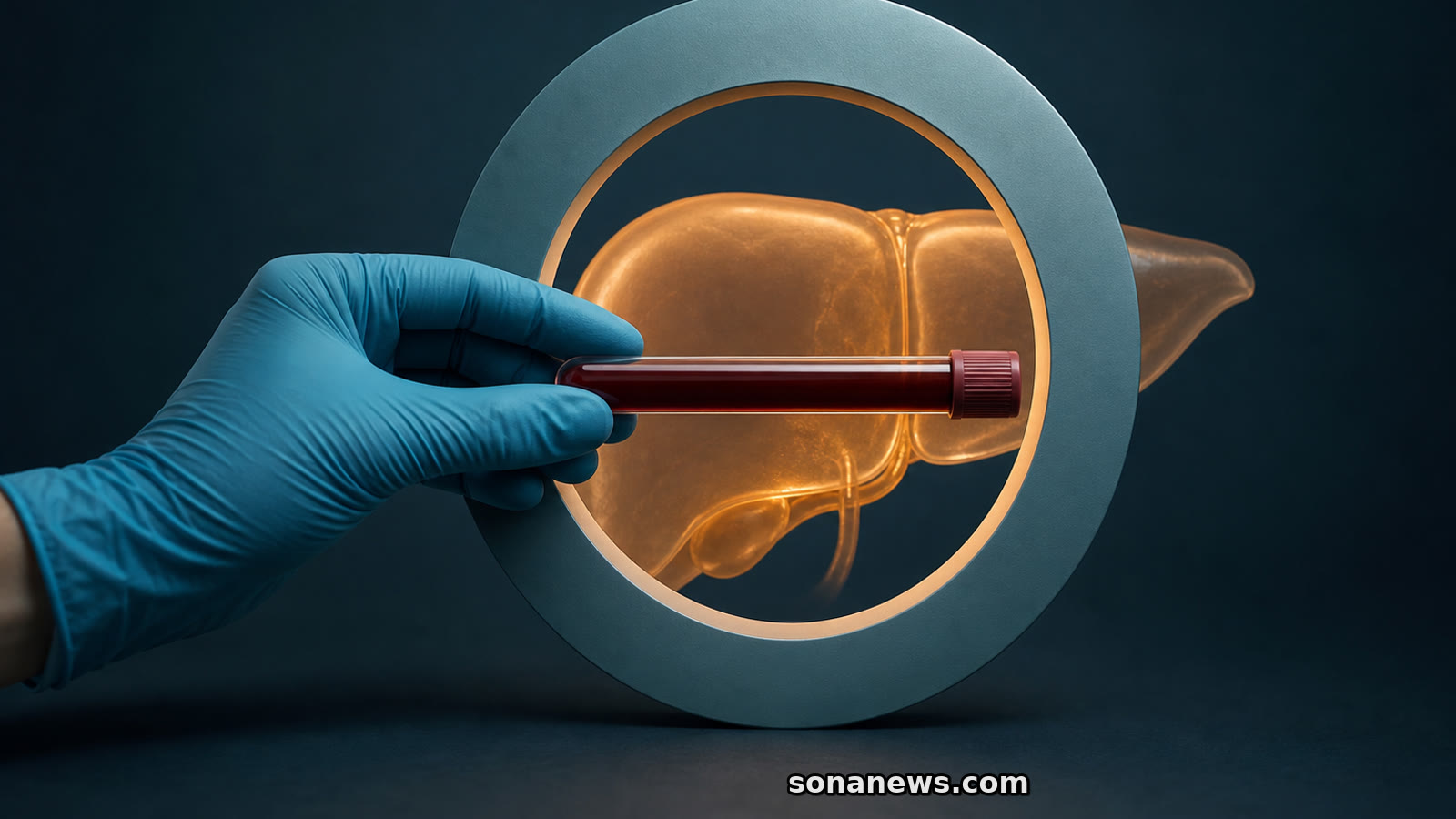 Provetta di sangue attraversa un anello diagnostico davanti a un modello di fegato per illustrare i test delle epatiti B e C.