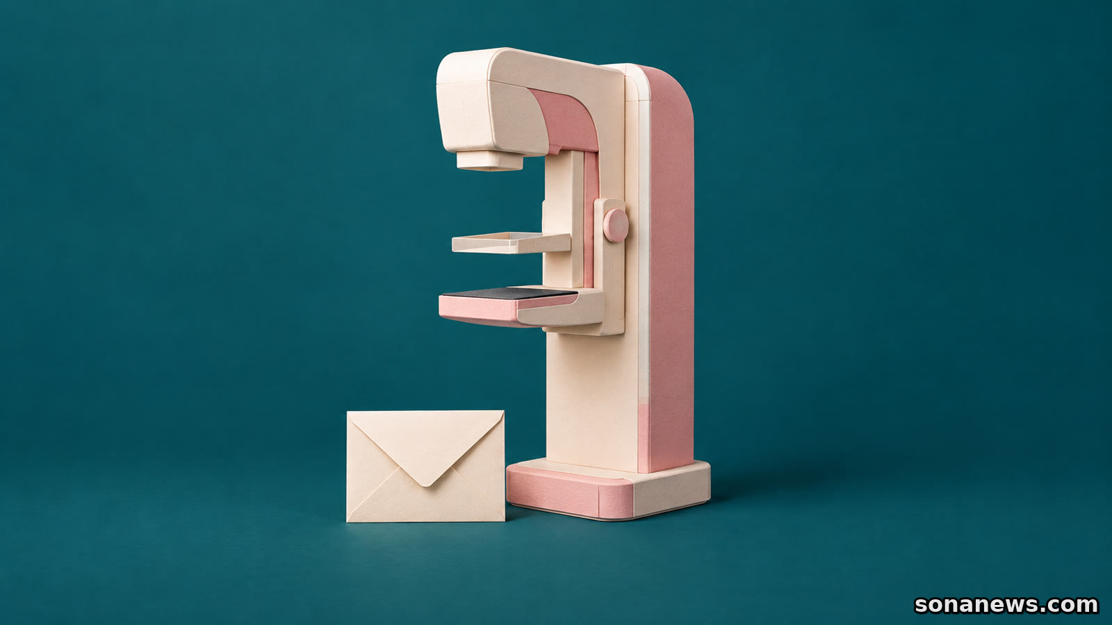 Un mammografo stilizzato color rosa accanto a una busta senza scritte illustra i diversi percorsi di accesso alla mammografia nel Lazio.